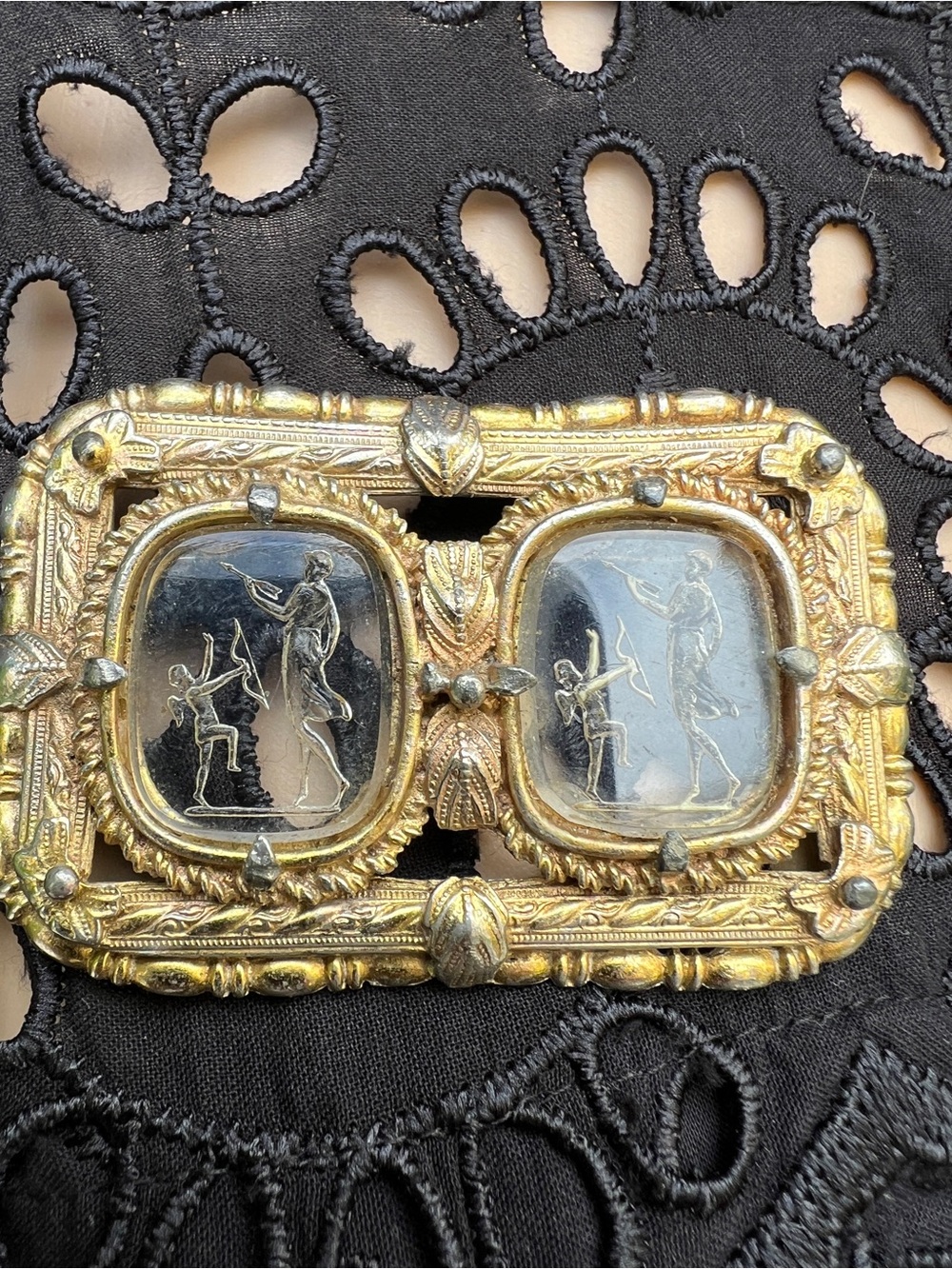 Antique-Style Gold Metal with Intaglio Panels Brooch